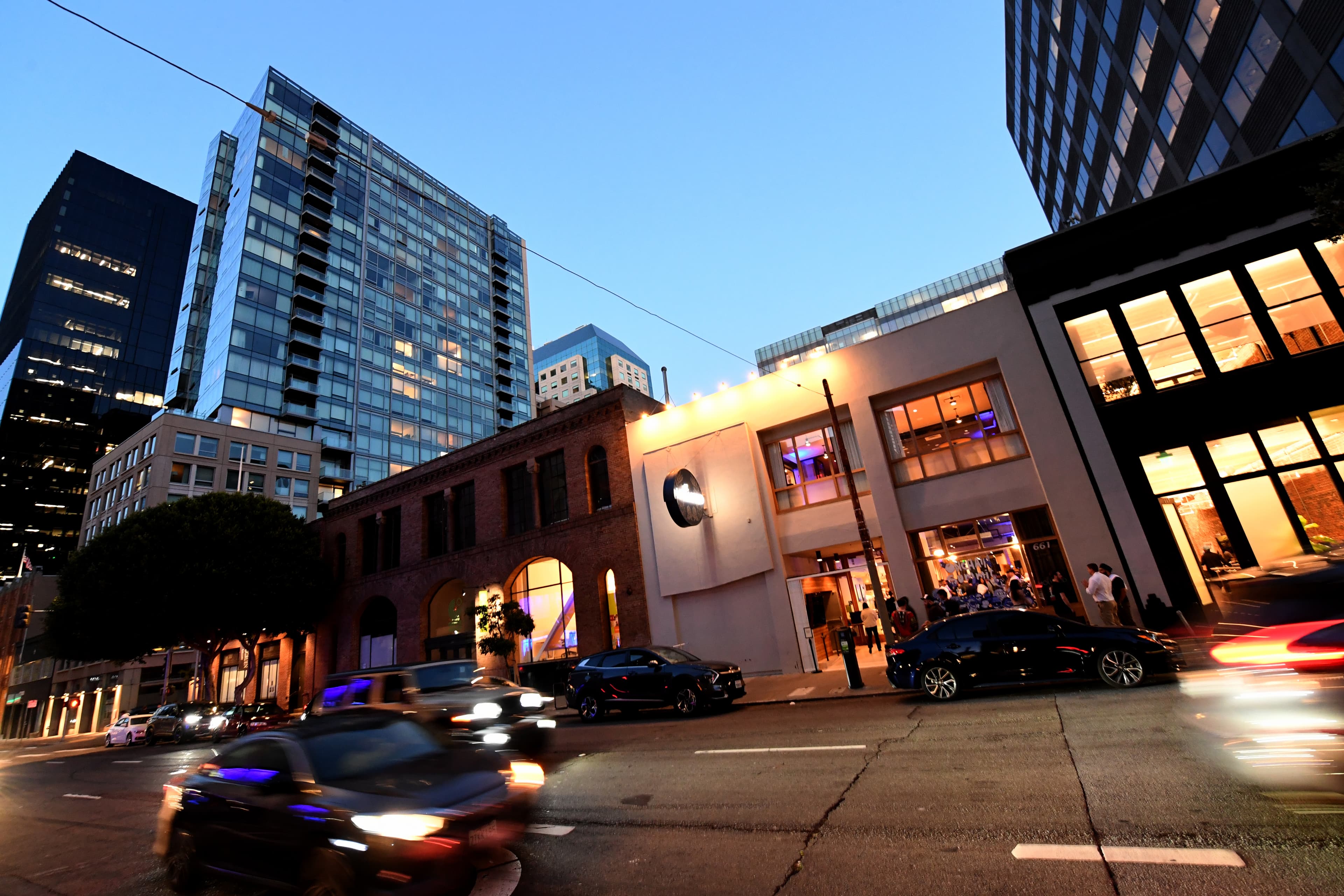 The Howard exterior at dusk in downtown San Francisco